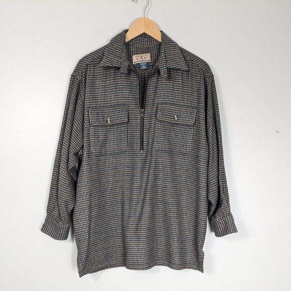 Vintage 90S 1/2 Zip Pullover Top Sweater Houndstooth Preppy Grunge Tan Blue XS - Picture 1 of 10
